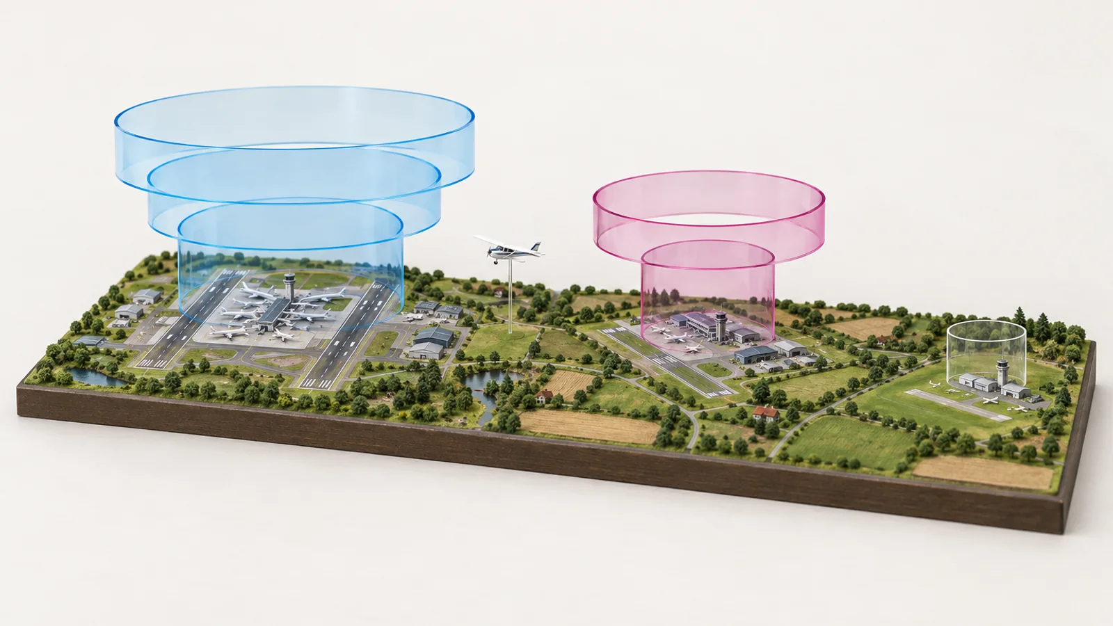 Miniature airports under clear models of Class B (blue, widening upward), Class C (magenta) and Class D airspace
