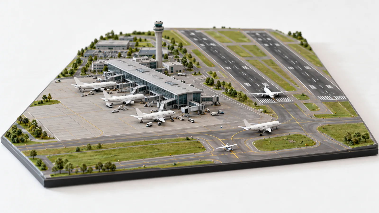 A miniature major airport with airliners at the gates and a small white trainer waiting on a taxiway among the jets