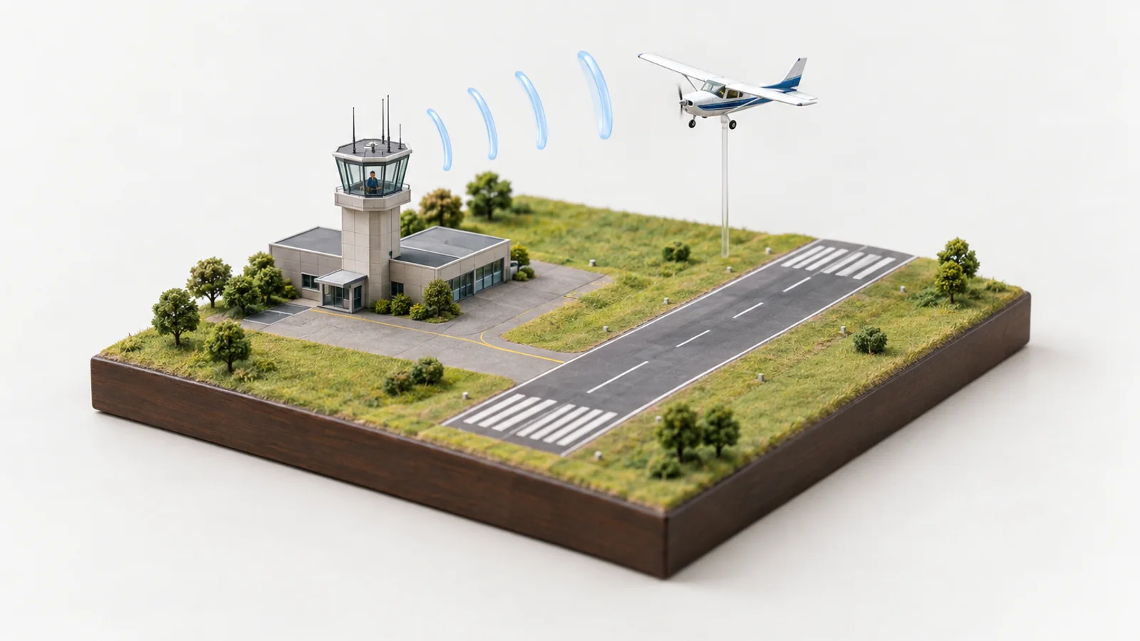 A miniature towered airport with radio-wave arcs passing between the control tower and a white trainer on approach