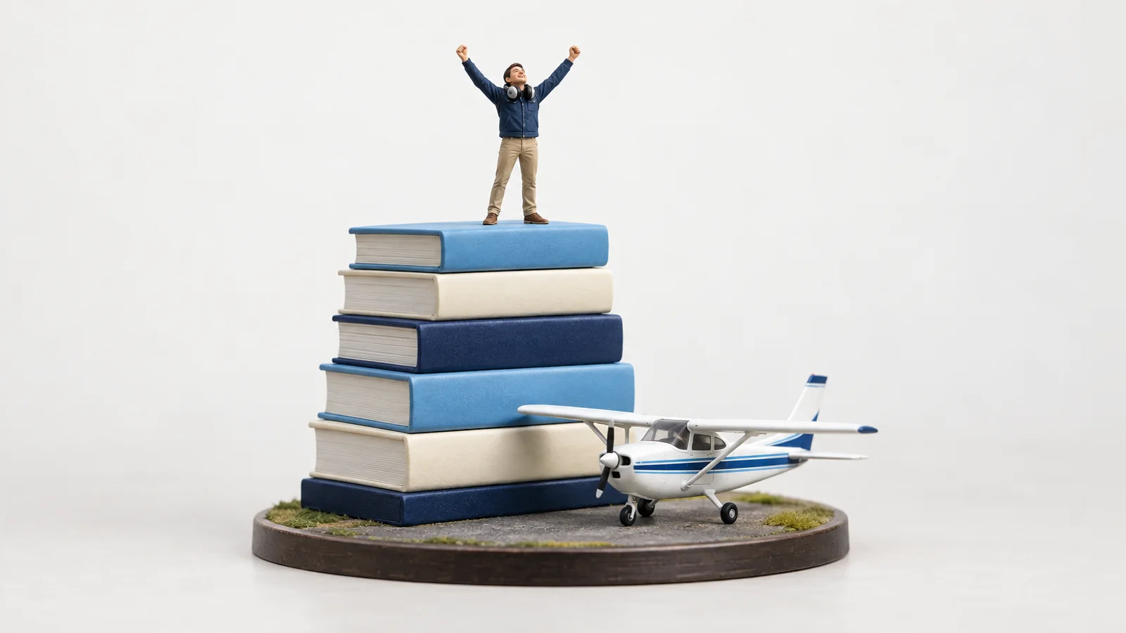 A tiny student pilot celebrating on top of a tall stack of handbooks, with a white training airplane parked beside it