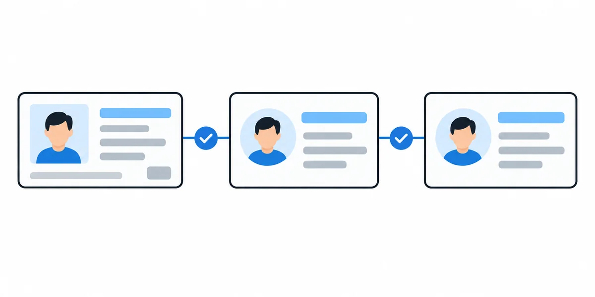 Flat illustration of an ID card and two account profiles with matching name lines joined by check marks