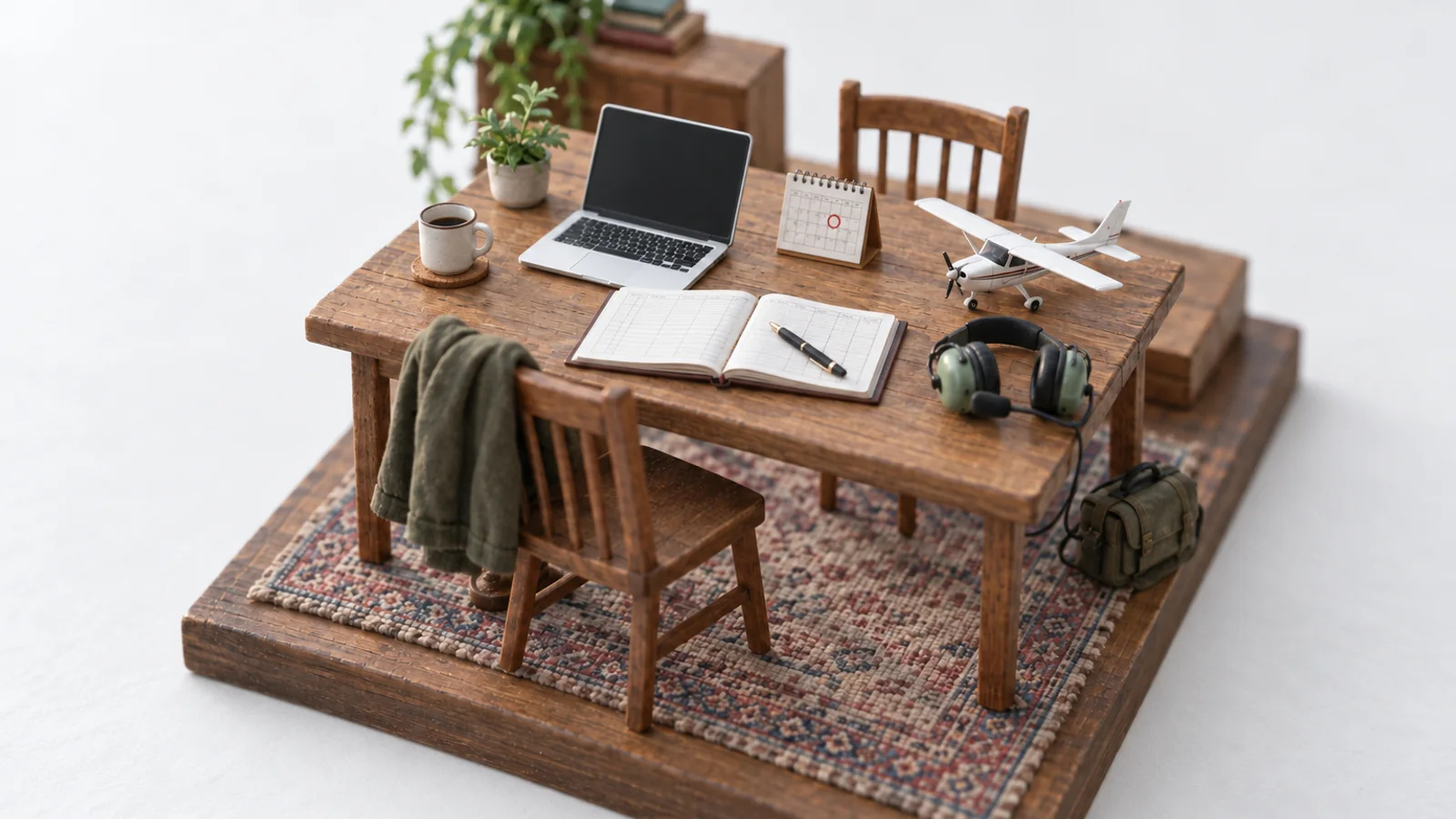 A miniature model of a kitchen table with a laptop, a pilot logbook, a desk calendar and a small model airplane, in warm evening light