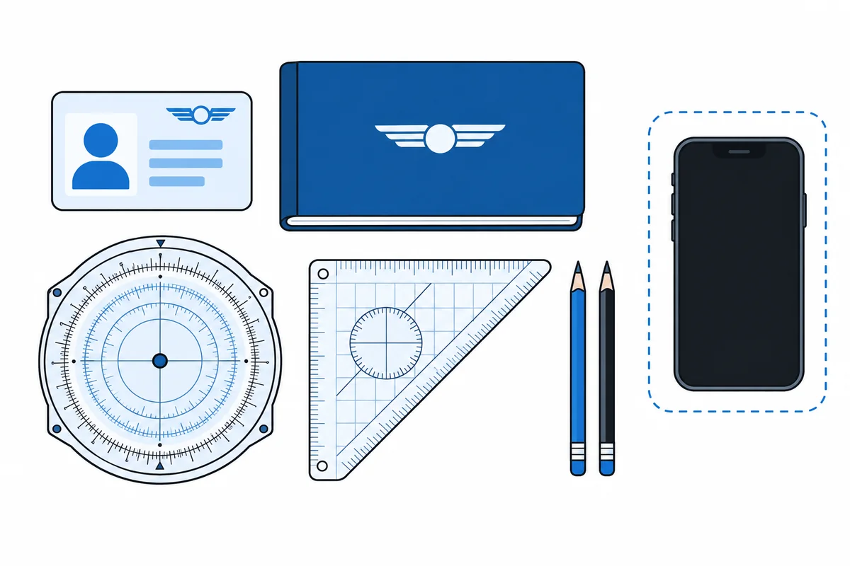 Flat illustration of test-day items laid out on a table: an ID card, a pilot logbook, a round flight computer and a plotter, with a phone set aside