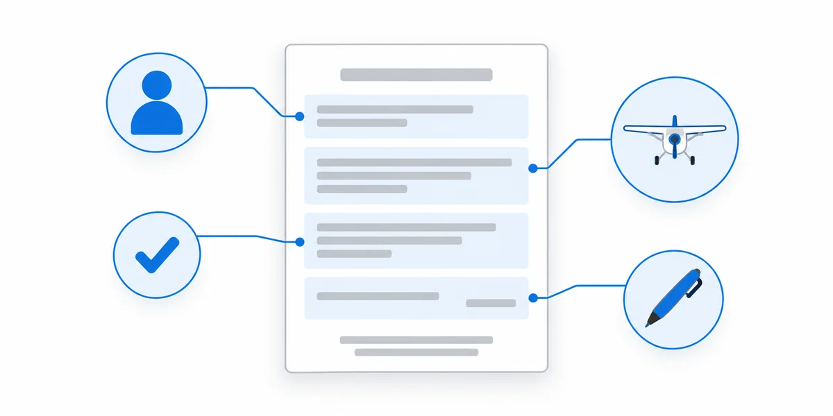 A blank endorsement document with the applicant, test, readiness and instructor signature areas highlighted