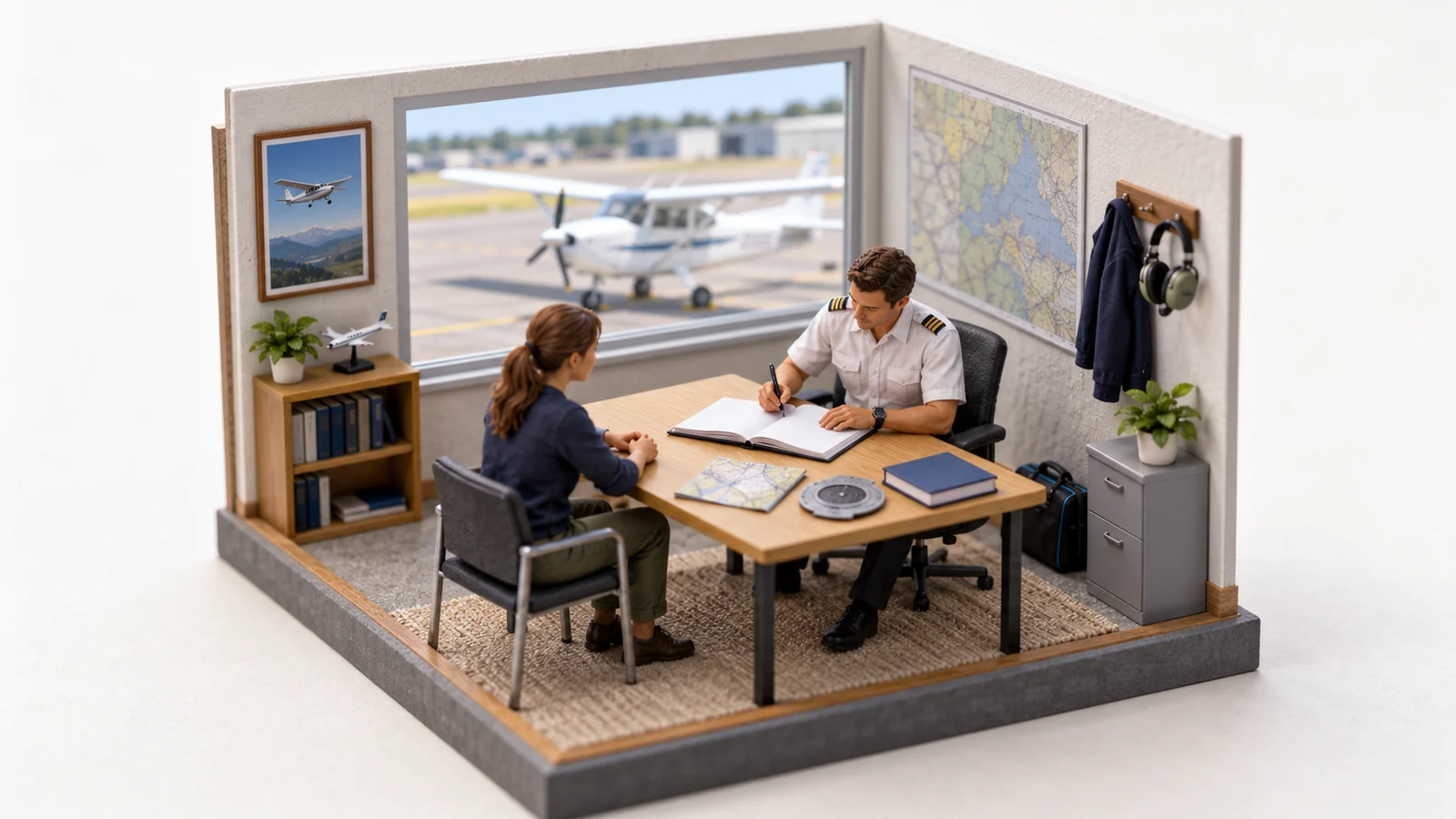 A miniature flight school desk where an instructor signs a student's logbook, with a white trainer outside