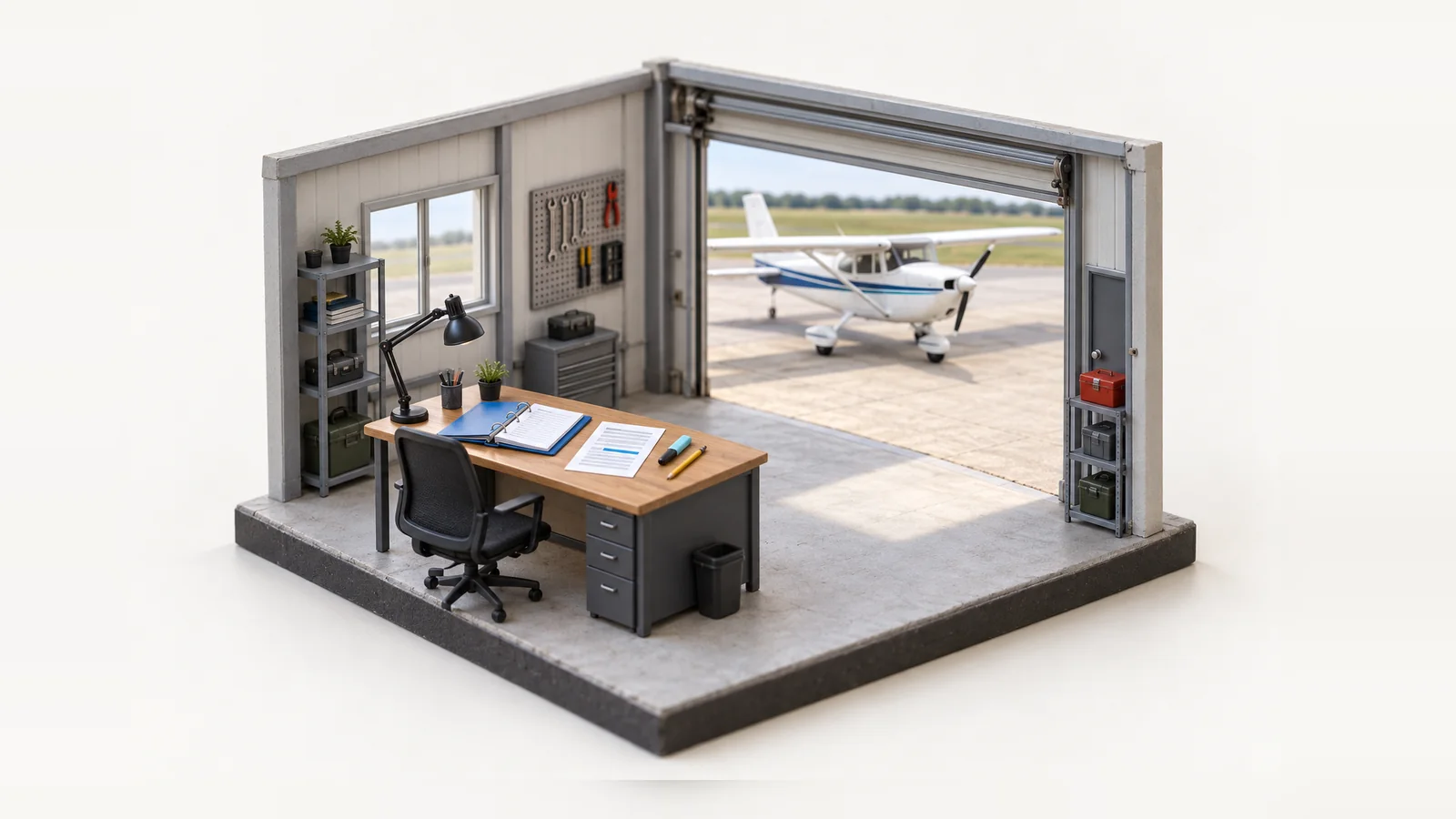 Flight-school study desk with an open blue binder, report-style sheet and white high-wing trainer