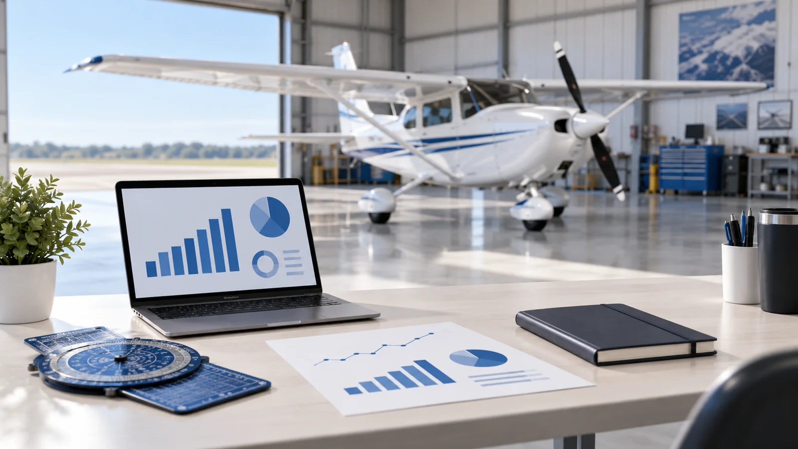 Miniature flight-school desk with abstract blue charts, a flight computer and a white high-wing trainer