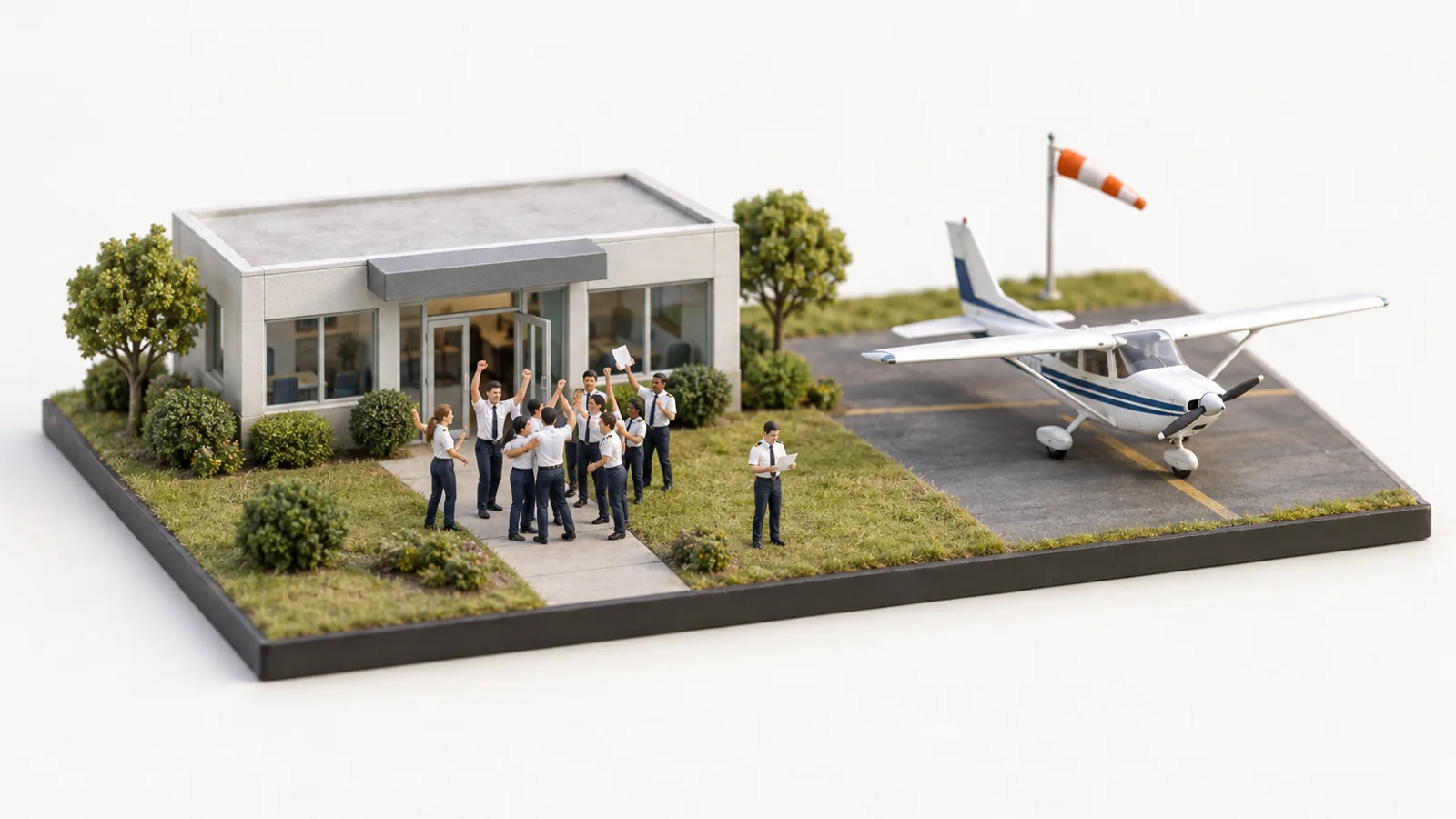 Tiny student pilots celebrating outside a miniature testing center while one reads their results, with a white trainer nearby
