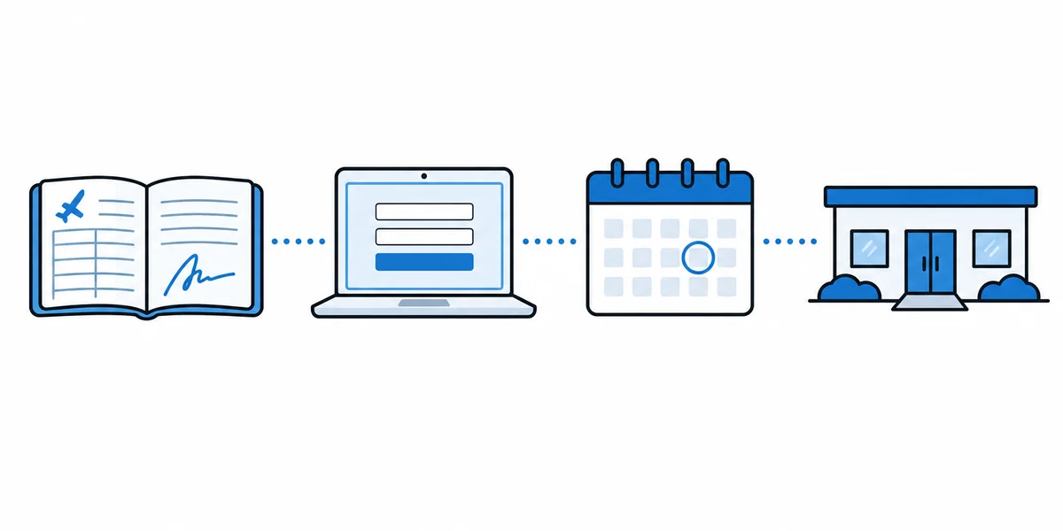 Flat illustration of four steps: a signed logbook, an online account, a calendar date, and a testing center building