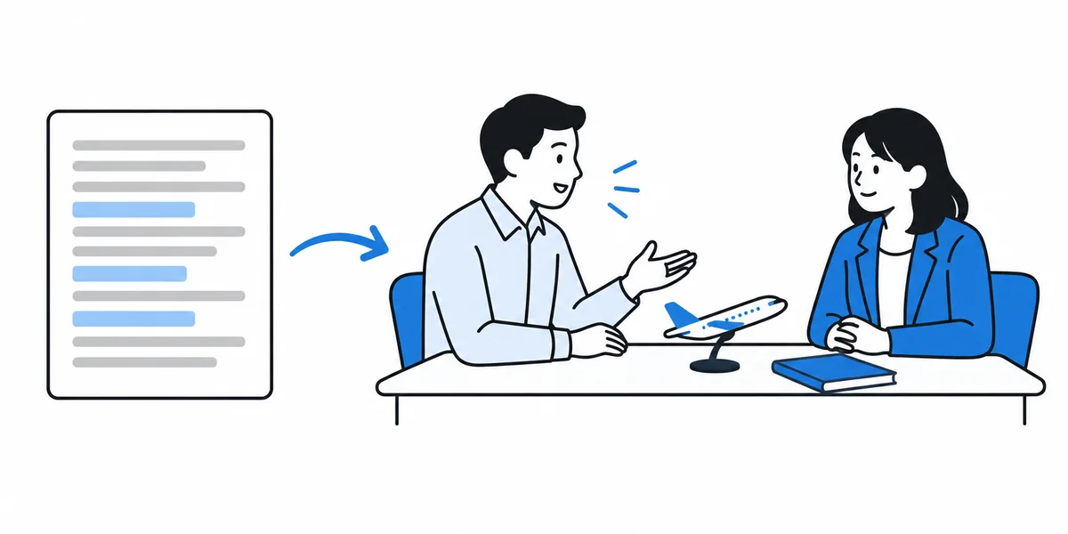 Flat illustration of a printed test report with a few highlighted lines and an arrow leading to an examiner and an applicant talking across a table