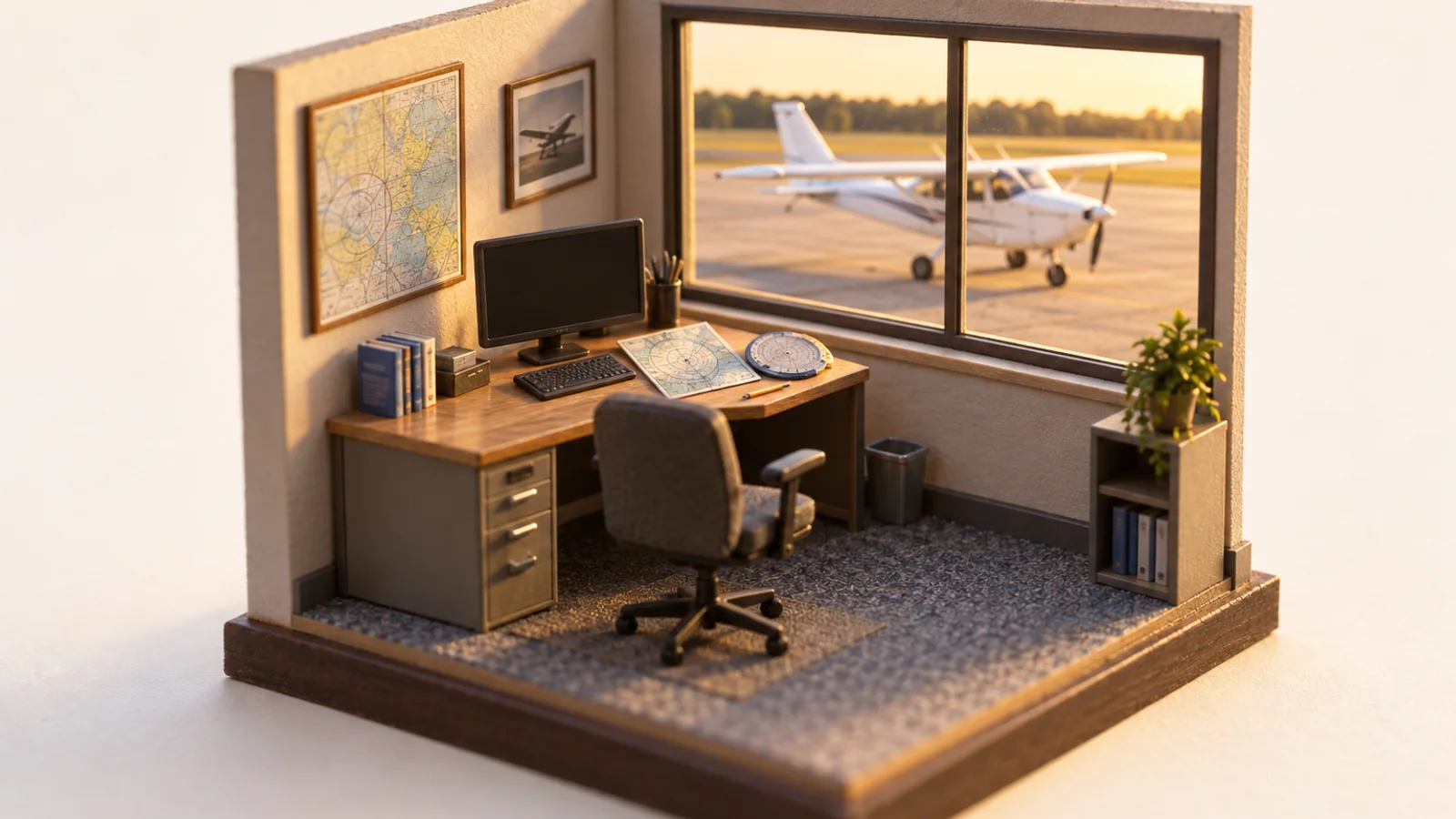 A miniature model of a computer testing room with a plotter and flight computer on the desk and a training airplane outside the window