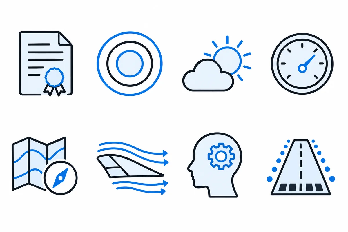 Flat illustration of eight study topics for the private pilot written: regulations, airspace, weather, performance, navigation, aerodynamics, human factors and airport operations