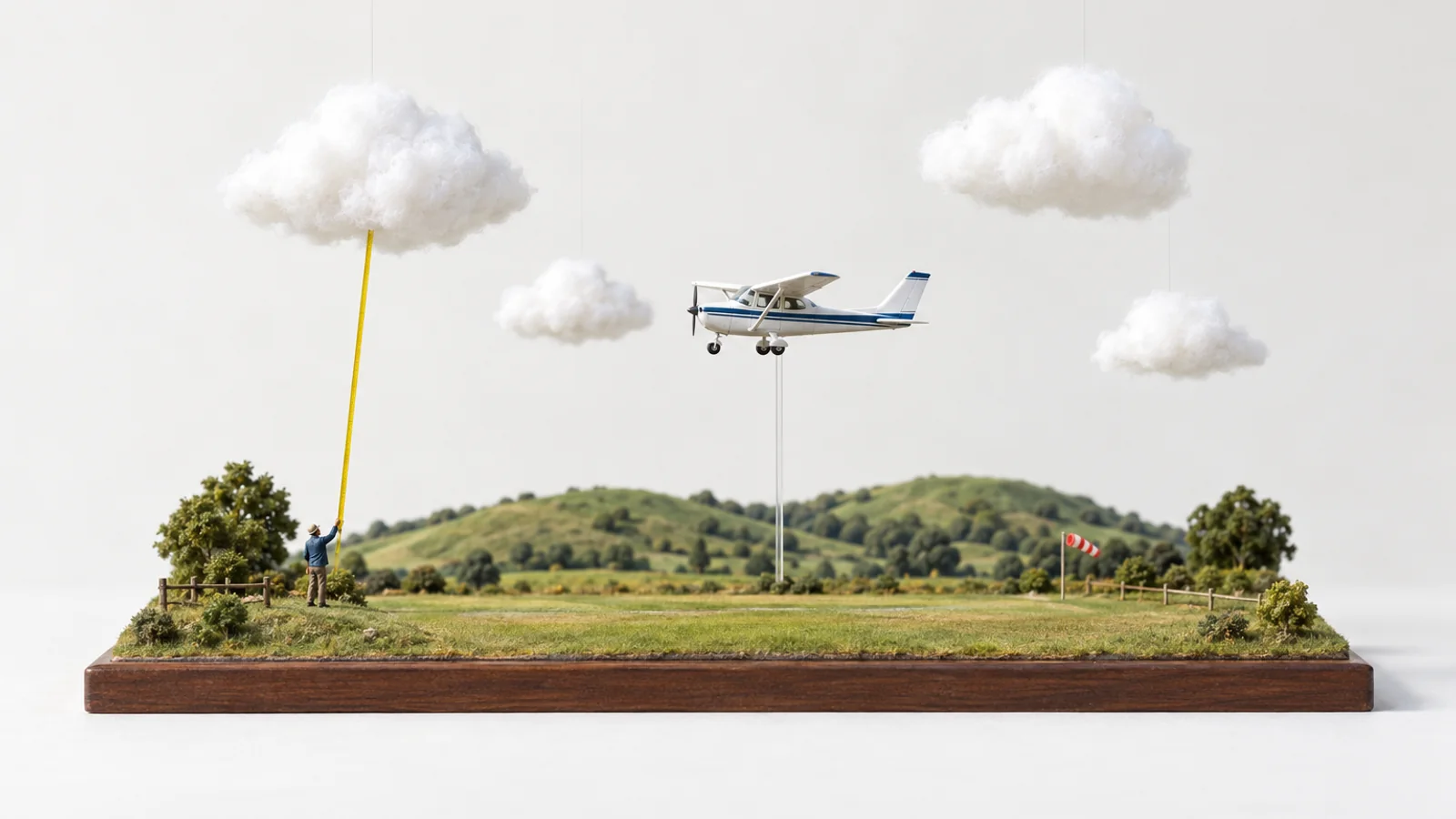 A trainer flying in the clear gaps between cotton clouds while a tiny figure measures the distance to a cloud