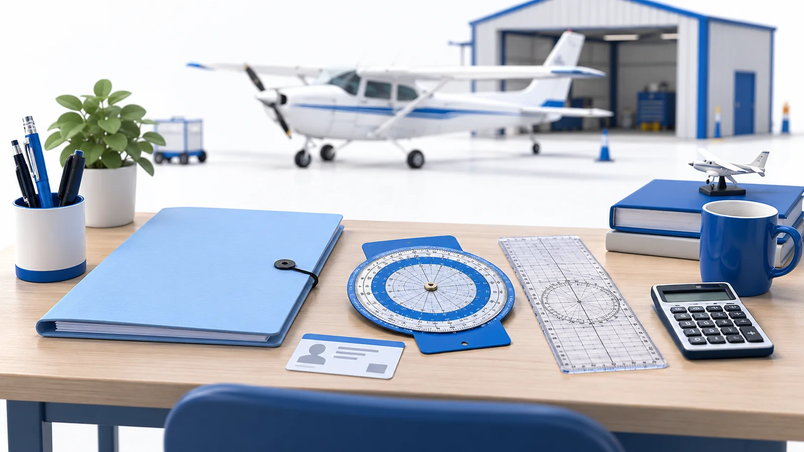 A miniature flight school desk with a document folder, generic ID, flight computer and white trainer