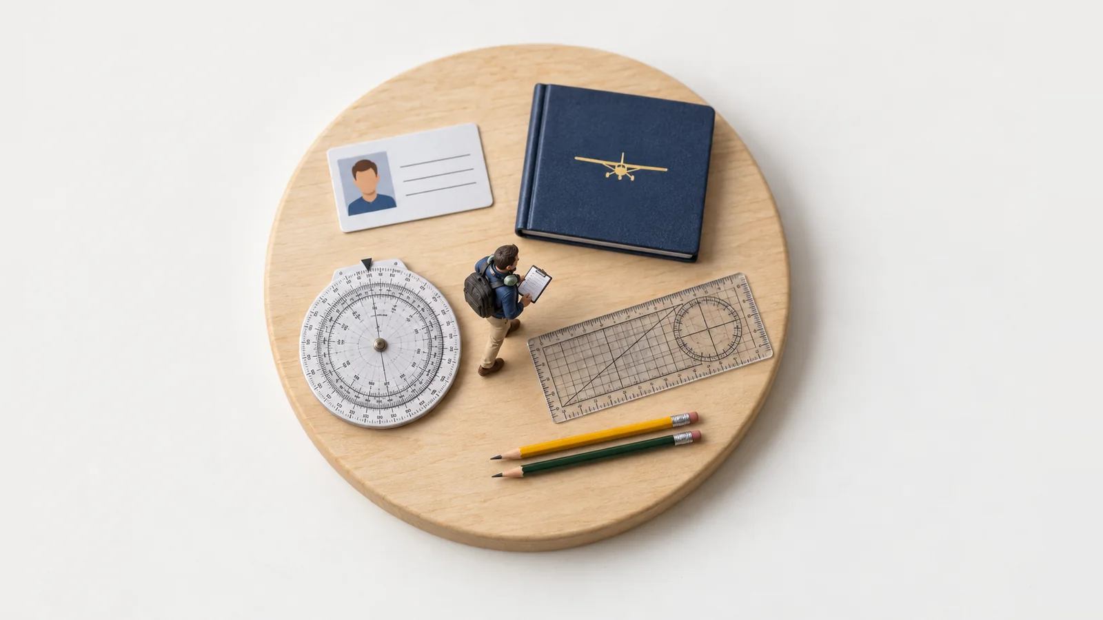 A tiny student pilot checking off an oversized ID card, logbook, flight computer, plotter and pencils on a round wooden base